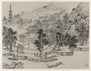 Tolv utsikter over Tiger Hill, Suzhou: Fjernt syn av Tiger Hill fra kanalfortøyningen, etter 1490
