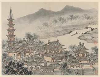 Tolv utsikt over Tiger Hill, Suzhou: The Thousand Buddha Hall and the Pagoda, etter 1490.