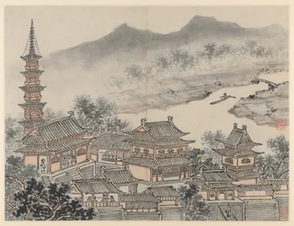 Tolv utsikt over Tiger Hill, Suzhou: Thousand Buddha Hall og pagoden til "Cloudy Cliff" klosteret