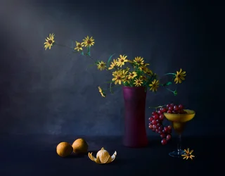 Stemningsfulle blomster og frukt