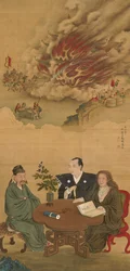 Hengende rulle som viser et møte mellom Japan, Kina og Vesten,