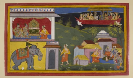 Hanuman informerer Guha, Bharata og Satrughna om Ramas tilbakekomst fra eksil