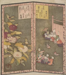 Kamelia-blomster til venstre, mennesker som ser på hanekamp til høyre, ca. 1820.