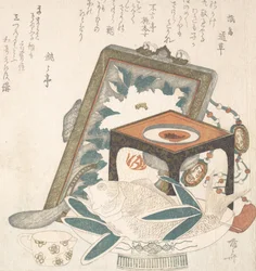 Innrammet maleri, lite stativ med en vinkopp og et fat med en fisk, 1800-tallet., 1800-tallet.