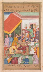 Timur deler ut gaver fra barnebarnet sitt, prinsen av Multan, fra en Zafar-nama..., 1598-1600.