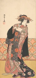 Nakamura Riko som rikt kledd kurtisane som står i et rom, ca. 1778.