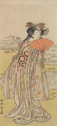 Skuespilleren Segawa Kikunojo III som en kvinne som står nær en svingete bekk, ca. 1777.