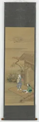 To bondepiker som slår tøy utenfor et hus, Edo-perioden, 1700-tallet.