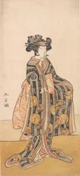 Yoshizawa Iroha som kvinne Tomoe Gozen stående på bredden, 1774 eller 1775.