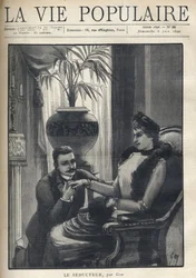 A man on his knees is holding the hand of an elegant woman, sitting in a bourgeois living room, wearing his coat, a sleeve and a fur scarf. Illustration for Le Seducteur par Gyp (Sibylle Gabrielle Marie Antoinette Riquetti de Mirabeau, Countess of Martel d