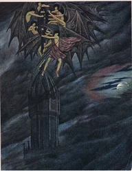 Lucifer og englene hans skynder seg! Skynd deg! O dere ånder, dra det tunge korset av jern fra dens stasjon
