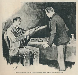 Han viklet opp lommetørkleet og rakte ut hånden, 1892