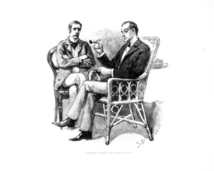 «Holmes tok frem klokken sin», illustrasjon fra «Den greske tolk» av Arthur Conan Doyle (1859-1930), publisert i «Strand Magazine», september 1893