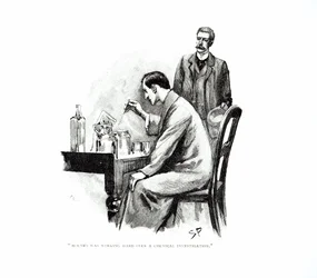 «Holmes arbeidet hardt med en kjemisk undersøkelse», illustrasjon til «Sjøfartstraktaten» av Arthur Conan Doyle (1859-1930), publisert i «Strand Magazine», oktober og november 1893