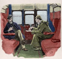 Silver Blaze: Sydney Pagets illustrasjon av et Sherlock Holmes-eventyr. Den berømte detektiven er representert med Dr. Watson på et tog. Publisert på "The Strand Magazine". Nyheter av Conan Doyle. 1892.