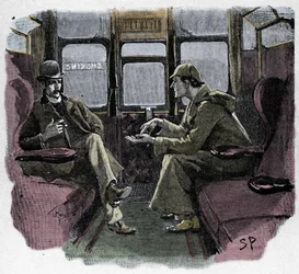 Silver Blaze: Sidney Pagets illustrasjon til et Sherlock Holmes-eventyr. Den berømte detektiven er avbildet med dr. Watson på et tog. Publisert i «The Strand Magazine». Historie av Conan Doyle. 1892.