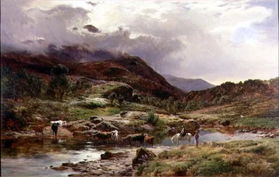 En fjellrik elvescene med storfe i forgrunnen (olje)