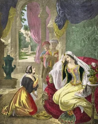 Den fangede hebraiske hushjelpen som ventet på Naamans kone, fra en bibel trykt av Edward Gover, 1870-tallet