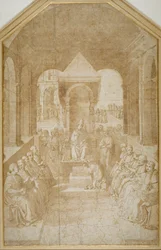 Aeneas Piccolomini kysser tøffelen til pave Eugenius, etter Pinturicchio (penn og brunt blekk med vask på papir)