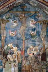 Korsfestelse av Kristus "INRI"" på korset. Detalj av en freskomaleri av skolen i Siena