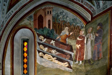 Møte mellom de døde med levende Detalj av en freskomaleri av skolen i Siena. 1300-tallet. Klosteret Saint Benoit (Sacro Speco), trapp, Subiaco (Roma), Italia