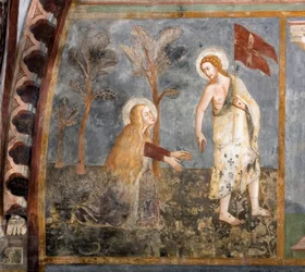 Noli me tangere (Ikke rør meg). Freske av skolen i Siena. 1300-tallet. Superior kirke. Klosteret Saint Benedetto (Sacro Speco), Subiaco (Roma), Italia