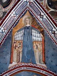 Representasjon av Jomfru Maria Kirkens mor Freskomaleri av Jomfrukapellet laget av Siena-skolen på 1300-tallet - klosteret St. Benedetto (Sacro Speco), Subiaco (Roma), Italia