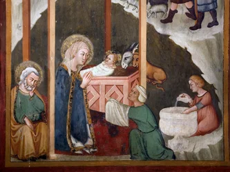 Nativite Fresco av skolen i Siena. 1300-tallet. Jomfruens kapell. Klosteret Saint Benedetto