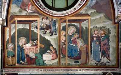 Fødselen og tilbedelsen av Magi Fresco fra School of Siena. 1300-tallet. Jomfruens kapell. Klosteret Saint Benedetto (Sacro Speco), Subiaco (Roma), Italia