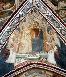 Kroningen av Jomfrufresken av Jomfrukapellet utført av skolen i Siena på 1300-tallet - klosteret St. Benedetto (Sacro Speco), Subiaco (Roma), Italia