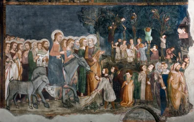 Inngangen til Jerusalem Fresco av skolen i Siena. 1300-tallet. Superior kirke. Klosteret Saint Benedetto