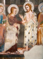 Apostelen Thomas Details vantro. Freske av skolen i Siena. 1300-tallet. Superior kirke. Klosteret Saint Benedetto (Sacro Speco), Subiaco (Roma), Italia