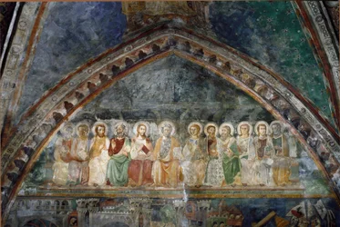 De tolv apotrene Detalj av en freskomaleri fra skolen i Siena. 1300-tallet. St. Benedict-klosteret (Sacro Speco), Superior-kirken i Subiaco (Roma), Italia