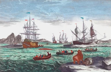 Hvalfangstflåten utenfor Grønland på 1700-tallet (gravering)