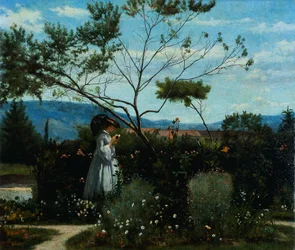 Blant blomstene i hagen, av Silvestro Lega (1826-1895).