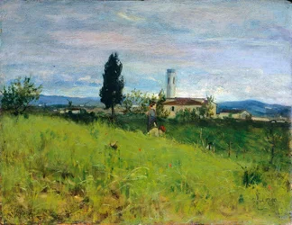Kirke i landet, av Silvestro Lega (1826-1895), olje på panel, 29x38 cm