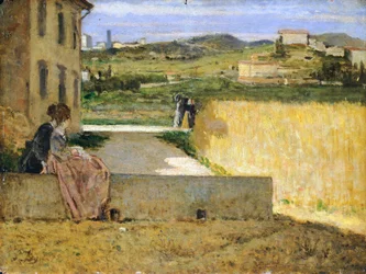 I skyggen av en villa, av Silvestro Lega (1826-1895), 34x46 cm
