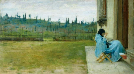 Lady at work, av Silvestro Lega (1826-1895), olje på lerret, 22x40 cm