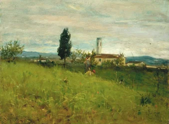 Liten kirke på landet, ca. 1877 (olje på plate)