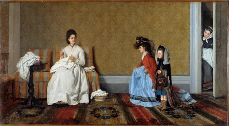 Små jenter som leker fine damer. To søstre kler seg ut i morens klær. Maleri av Silvestro Lega (1826-1895), 1872. Privat samling