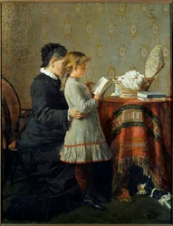 Lesetime. En sykepleier lærer å lese en liten jente. Maleri av Silvestro Lega (1826-1895) Ec. Ital