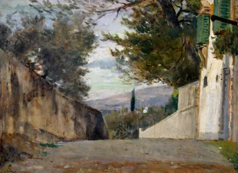 Salita del Pellegrino i Firenze, av Silvestro Lega (1826-1895), olje på panel, 24x35 cm, Italia