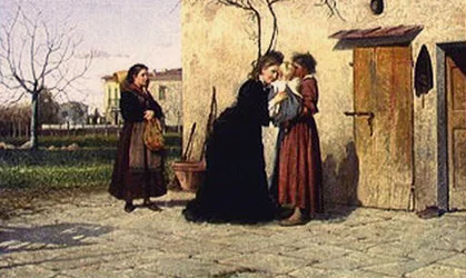 Besøke den lille jenta (olje på lerret)