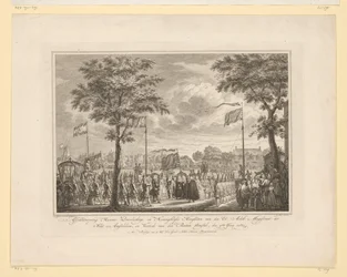Farvel til Willem V og hans kone på Buiten Amstel, 1768 Farvel til deres fredelige og kongelige høyheter van den Ed: Achtb: sorenskriver i byen Amsteldam, og den Buiten Amstels avgang, 4. juni 1768 (tittel på objekt) Bilde