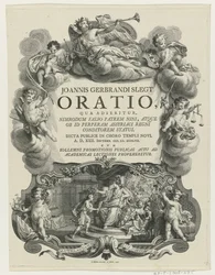 Minerva lauwert en jongeman met bul Tittelside for: J.G. Slegt, Oration der det hevdes at Nimrod feilaktig er faren til Nina (...), 1747