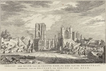 Ruin av Bergens store kirke op Zoom, 1748 Utsikt over ruinene av Groote Kerk, sett fra Hoogstraat, kommer fra Bospoort, i Bergen op den Zoom (tittel på objekt) Ti ansikter av ruinene etter beleiringen og ødeleggelsen av Bergen op Z