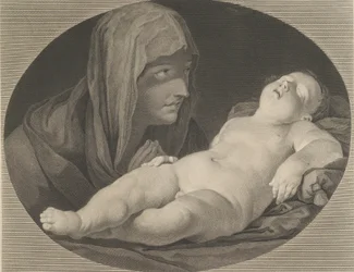 Jomfruen i bønn, ser på det sovende spedbarnet Kristus, i en oval ramme, etter Reni,..., 1765.