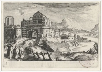 Emmäus-folk foran en byport i et fjellandskap Sør-europeiske landskap (serietittel) Topographia variarum regionum (serietittel)