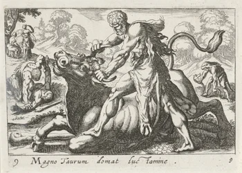 Hercules i kamp med Achelous den store temmer oksen med lys (tittel på objekt) Herculisches tema (serietittel)