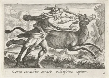 Hercules vangt de Hind van Cerynea En hjort med gullhorn fanges veldig raskt (tittel på objekt) Herculische temaer (serietittel)